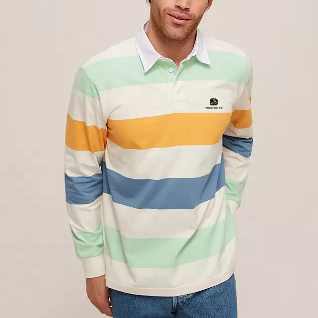 Men 100% Cotton Striped Long Sleeves Rugby Polo Shirt For Men Custom Embroidered Logo 