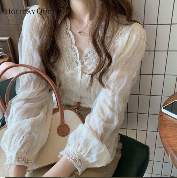 HolidayQueen  Women's Autumn Wear V-neck Long-sleeved French Temperament Gentle Chiffon Shirt Sweet and Chic Small Shirt Fashionable All-match Blouse S M L XL 2XL Free Shipping HQ0564