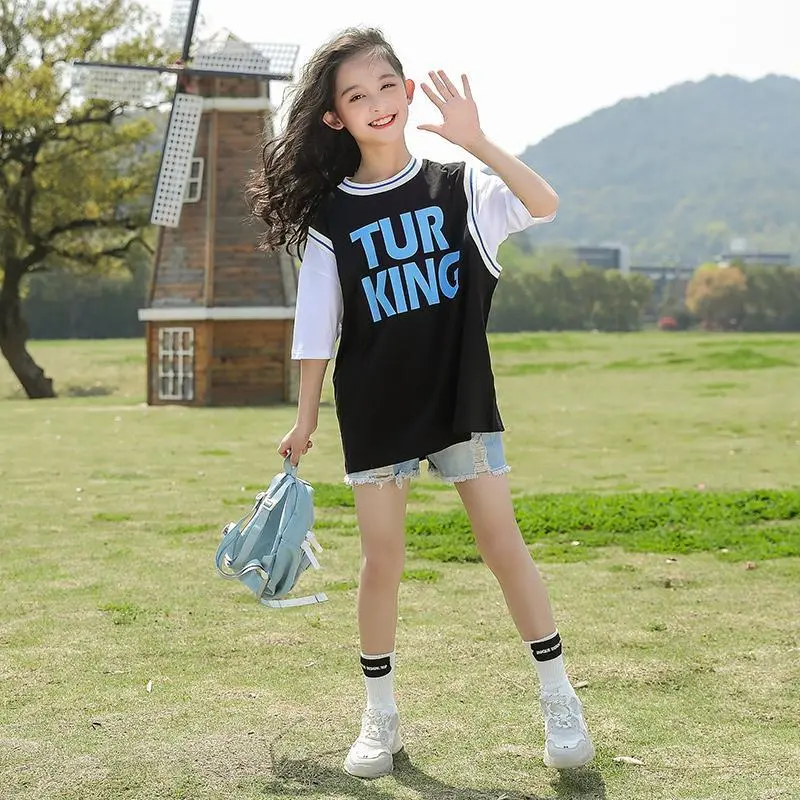 KYII Girls Summer Mid-length Short-sleeved letter Prnt T-shirt 2022New Korean Version  Children Girls Dress ky011