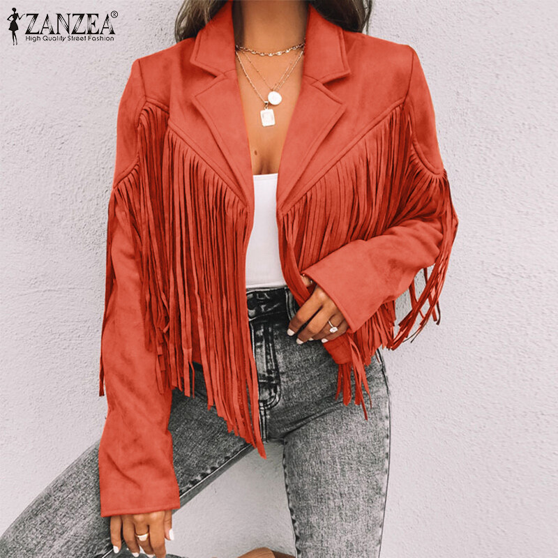 ZANZEA Autumn Street Fashion Plain Jacket Women Long Sleeved Tassel Trim Coat Loose Outwear #15